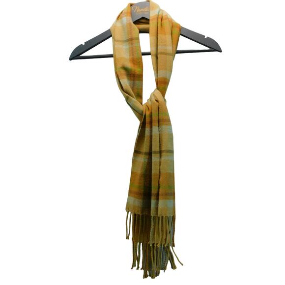 Cashmere 100%  Plaid Scarf Fringe with tones of Yellow, Brown, Cream and Green - Picture 7 of 11